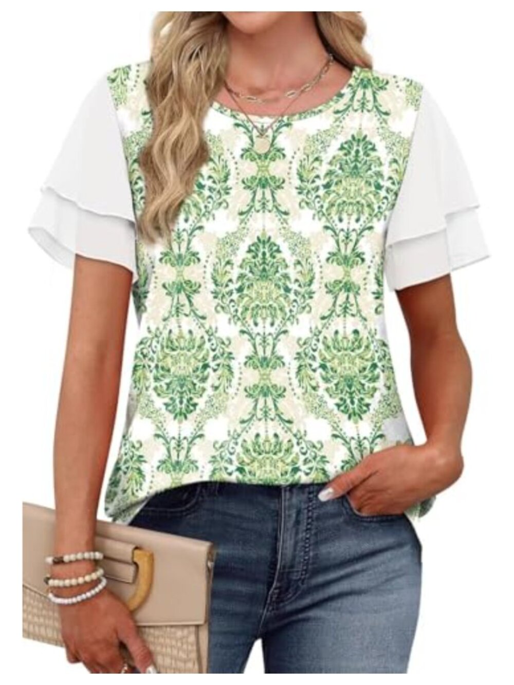 Women's Summer Tops Double Ruffle Short Sleeve Crew Neck Rayon Blouse
